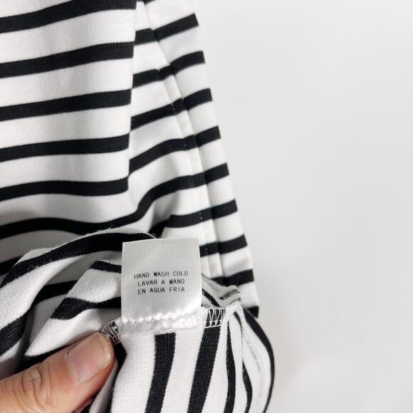 Ellison Medium Navy Blue White Striped Roll Tab Short Sleeve Sheath Dress Pocket - Picture 7 of 7